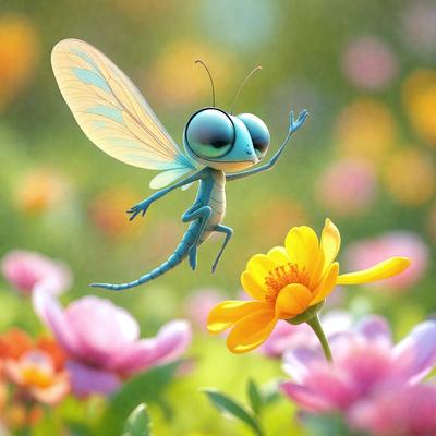 The primary subject of the image is a blue dragonfly flying through a field of flowers. The setting is a vibrant garden with a variety of flowers, creating a lively and colorful atmosphere. The visual style is a digital art or illustration, showcasing the dragonfly's movement and the beauty of the flowers. The colors and mood are predominantly bright and cheerful, with the blue dragonfly and the colorful flowers creating a sense of wonder and delight.